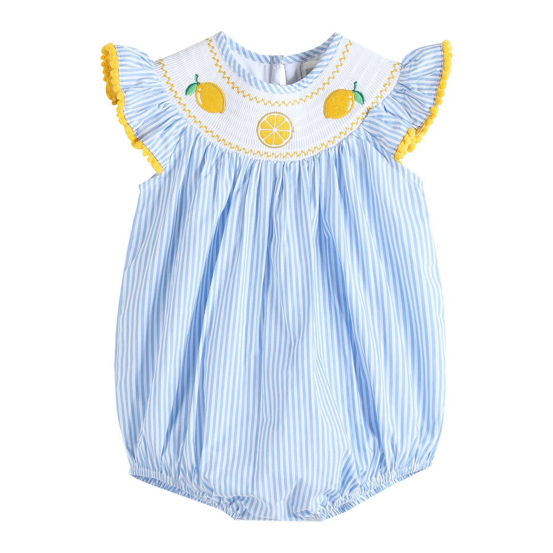 Light Blue Striped Lemons Smocked Ruffle Romper - Premium from Lil Cactus - Just $33.0! Shop now at Pat's Monograms