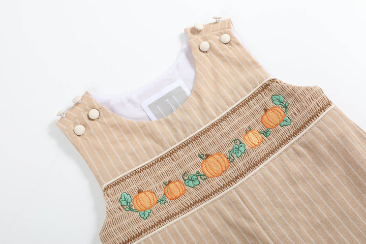 Light Brown Pinstripe Pumpkin Smocked Overalls - Premium Baby & Toddler Outfits from Lil Cactus - Just $38.95! Shop now at Pat's Monograms