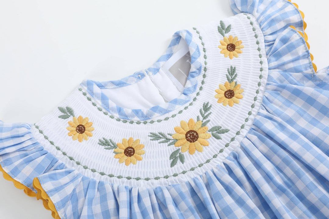 Blue Gingham Sunflower Smocked Bishop Dress - Premium Baby & Toddler Dresses from Lil Cactus - Just $42.95! Shop now at Pat's Monograms
