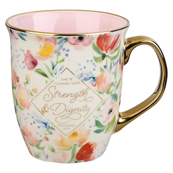 Mug Pink/White Floral Strength & Dignity Prov. 31:25 - Premium Christian Gift Items from Christian Art Gifts - Just $10.95! Shop now at Pat's Monograms