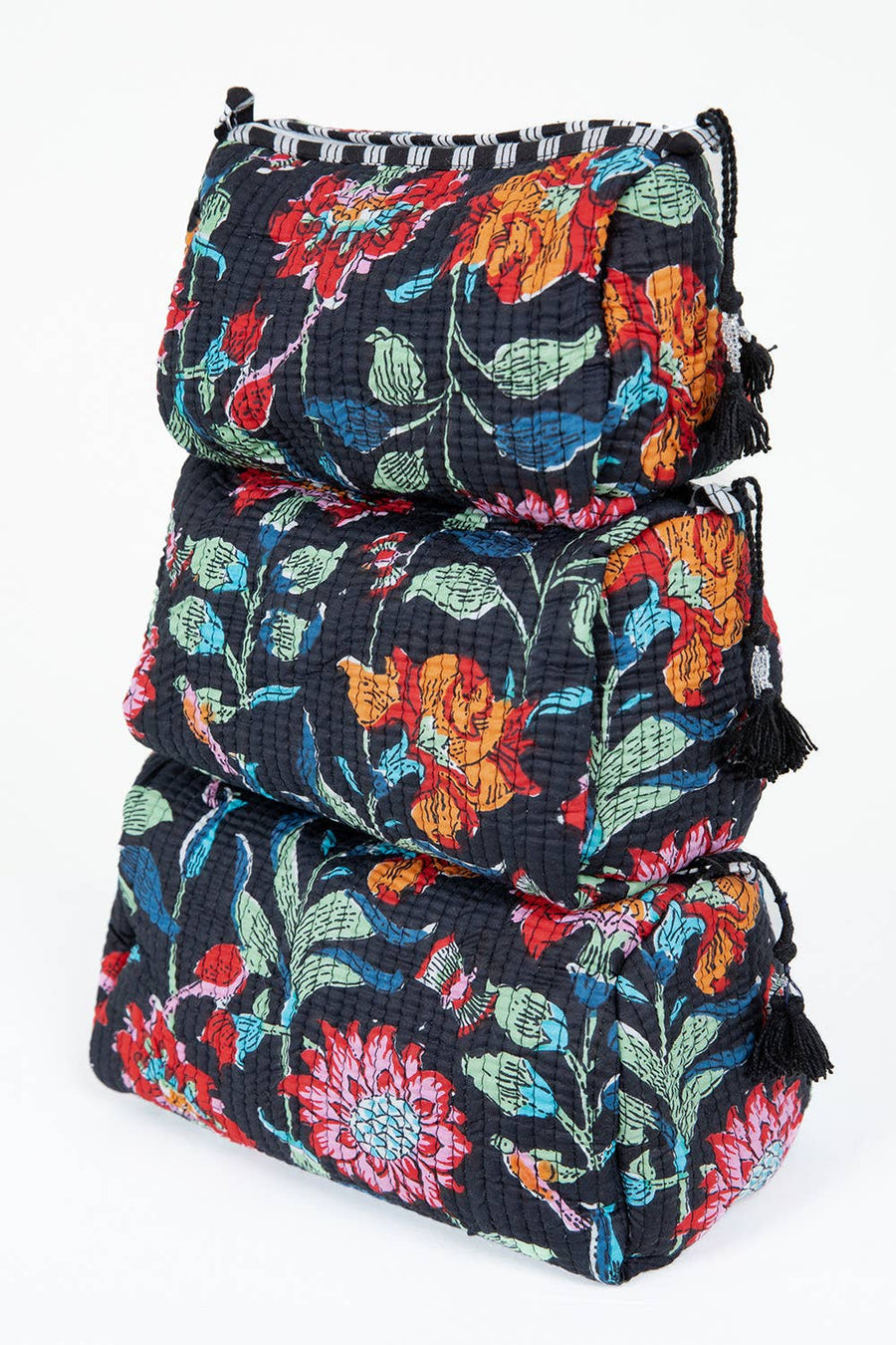 Black Floral print Quilted Cotton Toiletry Bag Set - Premium Cosmetic Bag from LA Soul - Just $42.95! Shop now at Pat's Monograms