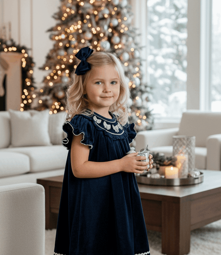 Blue Velvet Silver Bows Smocked Ruffle Bishop Dress - Premium Baby & Toddler Dresses from Lil Cactus - Just $38.95! Shop now at Pat's Monograms