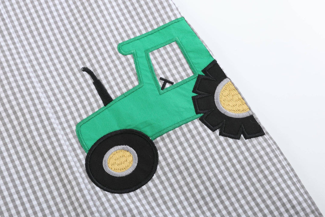 Gray Gingham Green Tractor Applique Shortalls - Premium Baby & Toddler Outfits from Lil Cactus - Just $36.95! Shop now at Pat's Monograms