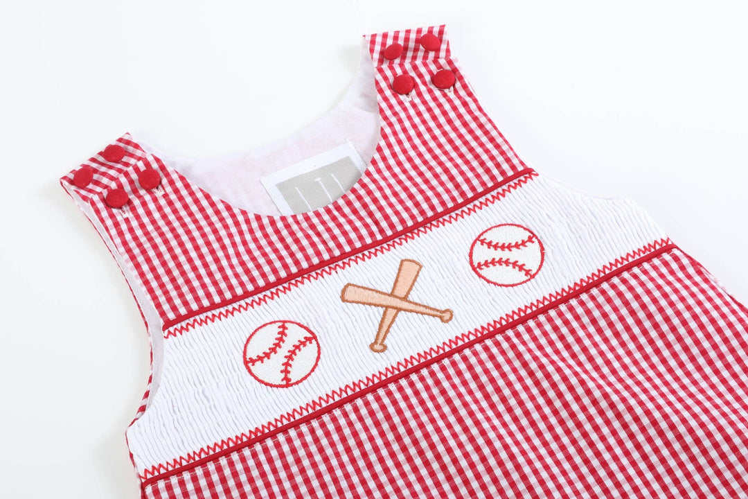 Red Gingham Baseball Smocked Shortalls - Premium Baby & Toddler Outfits from Lil Cactus - Just $38.95! Shop now at Pat's Monograms