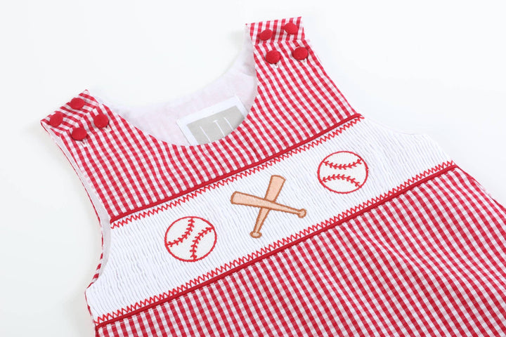 Red Gingham Baseball Smocked Shortalls - Premium Baby & Toddler Outfits from Lil Cactus - Just $38.95! Shop now at Pat's Monograms