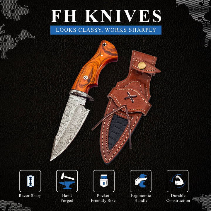 10' Handmade damascus steel knife with leather sheath - Premium Knives from FH KNIVES - Just $64.95! Shop now at Pat's Monograms