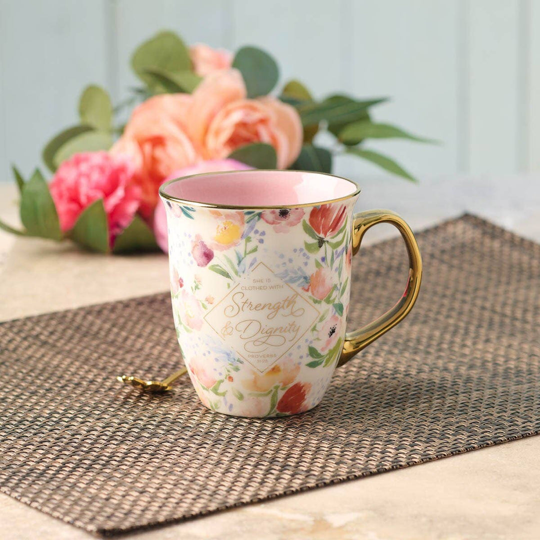 Mug Pink/White Floral Strength & Dignity Prov. 31:25 - Premium Christian Gift Items from Christian Art Gifts - Just $10.95! Shop now at Pat's Monograms
