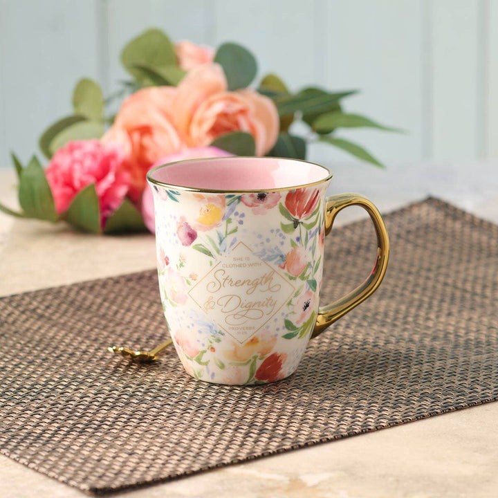 Mug Pink/White Floral Strength & Dignity Prov. 31:25 - Premium Christian Gift Items from Christian Art Gifts - Just $10.95! Shop now at Pat's Monograms