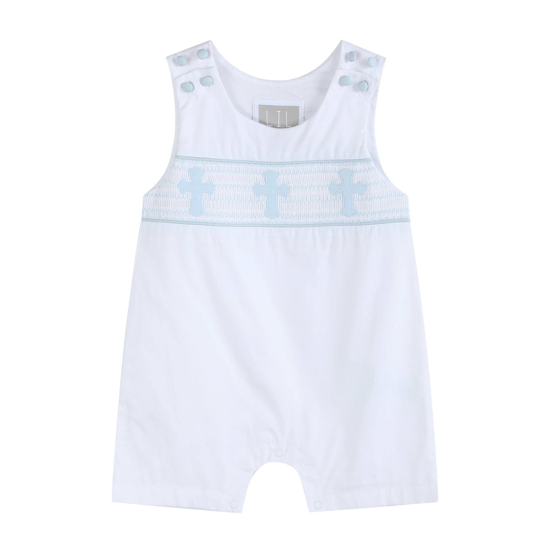 White and Blue Holy Crosses Smocked Overalls - Premium Baby & Toddler Outfits from Lil Cactus - Just $38.95! Shop now at Pat's Monograms