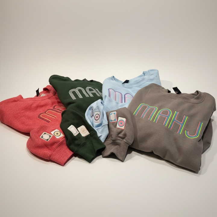 Mahjong Crewneck Sweatshirt with Retro Embroidery - Premium Sweatshirt from Pat's Monograms - Just $42! Shop now at Pat's Monograms