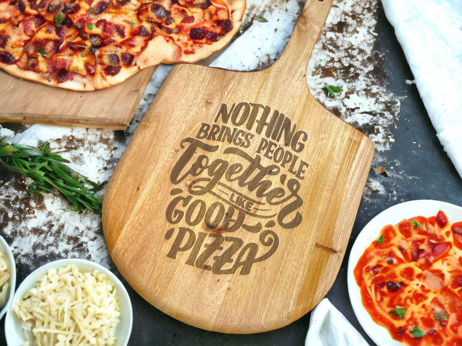 Good Pizza Brings People Together - Engraved Acacia Wood Pizza Peel - Premium Cookware from Pat's Monograms - Just $46.95! Shop now at Pat's Monograms