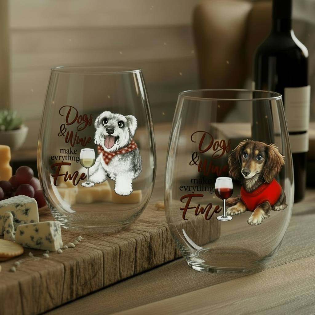 "Dogs and Wine" - Custom Pet Caricature Wine Glass - Premium drinkware from Pat's Monograms - Just $16.95! Shop now at Pat's Monograms