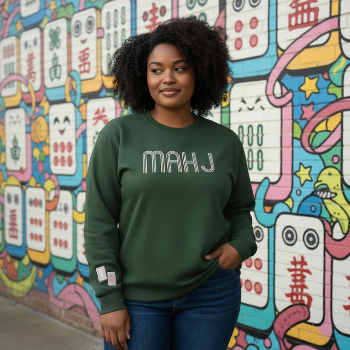 Mahjong Crewneck Sweatshirt with Retro Embroidery - Premium Sweatshirt from Pat's Monograms - Just $42! Shop now at Pat's Monograms