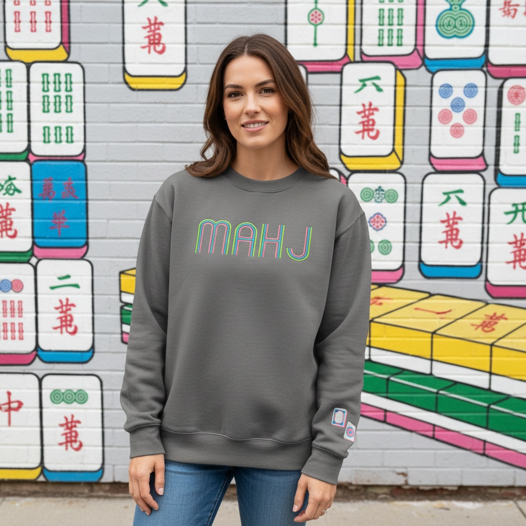 Mahjong Crewneck Sweatshirt with Retro Embroidery - Premium Sweatshirt from Pat's Monograms - Just $42! Shop now at Pat's Monograms