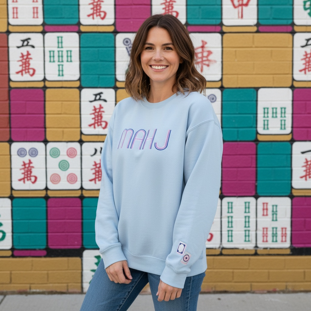 Mahjong Crewneck Sweatshirt with Retro Embroidery - Premium Sweatshirt from Pat's Monograms - Just $42! Shop now at Pat's Monograms