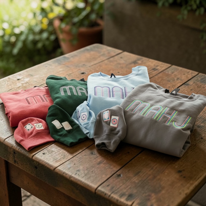 Mahjong Crewneck Sweatshirt with Retro Embroidery - Premium Sweatshirt from Pat's Monograms - Just $42! Shop now at Pat's Monograms