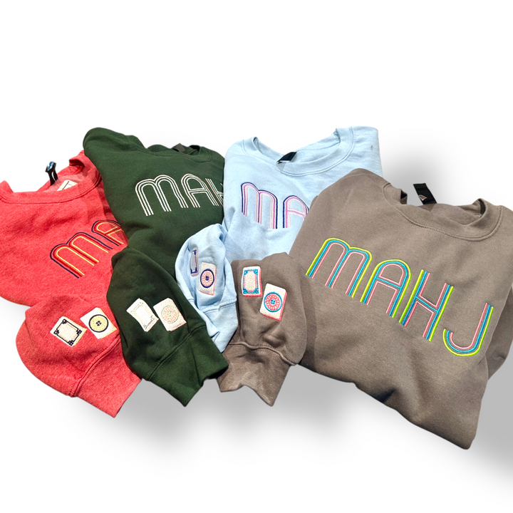 Mahjong Crewneck Sweatshirt with Retro Embroidery - Premium Sweatshirt from Pat's Monograms - Just $42! Shop now at Pat's Monograms