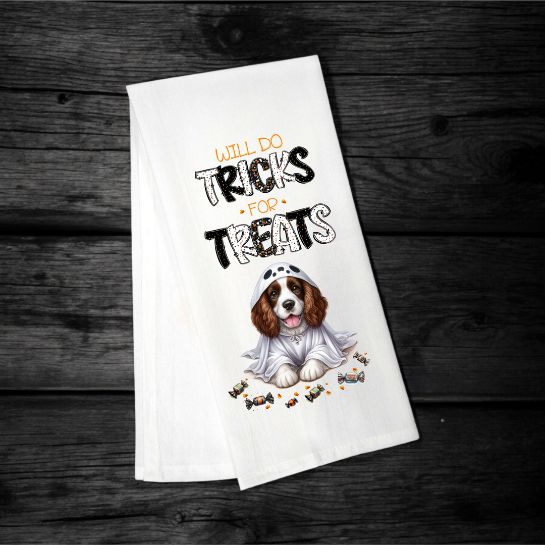 "Will Do Tricks for Treats" Halloween Towel with your Fav Dog Breed - Premium Kitchen Towel from Pat's Monograms - Just $12.95! Shop now at Pat's Monograms