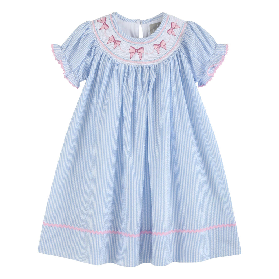 Blue Seersucker Bow Smocked Bishop Dress - Premium Baby & Toddler Dresses from Lil Cactus - Just $36.95! Shop now at Pat's Monograms