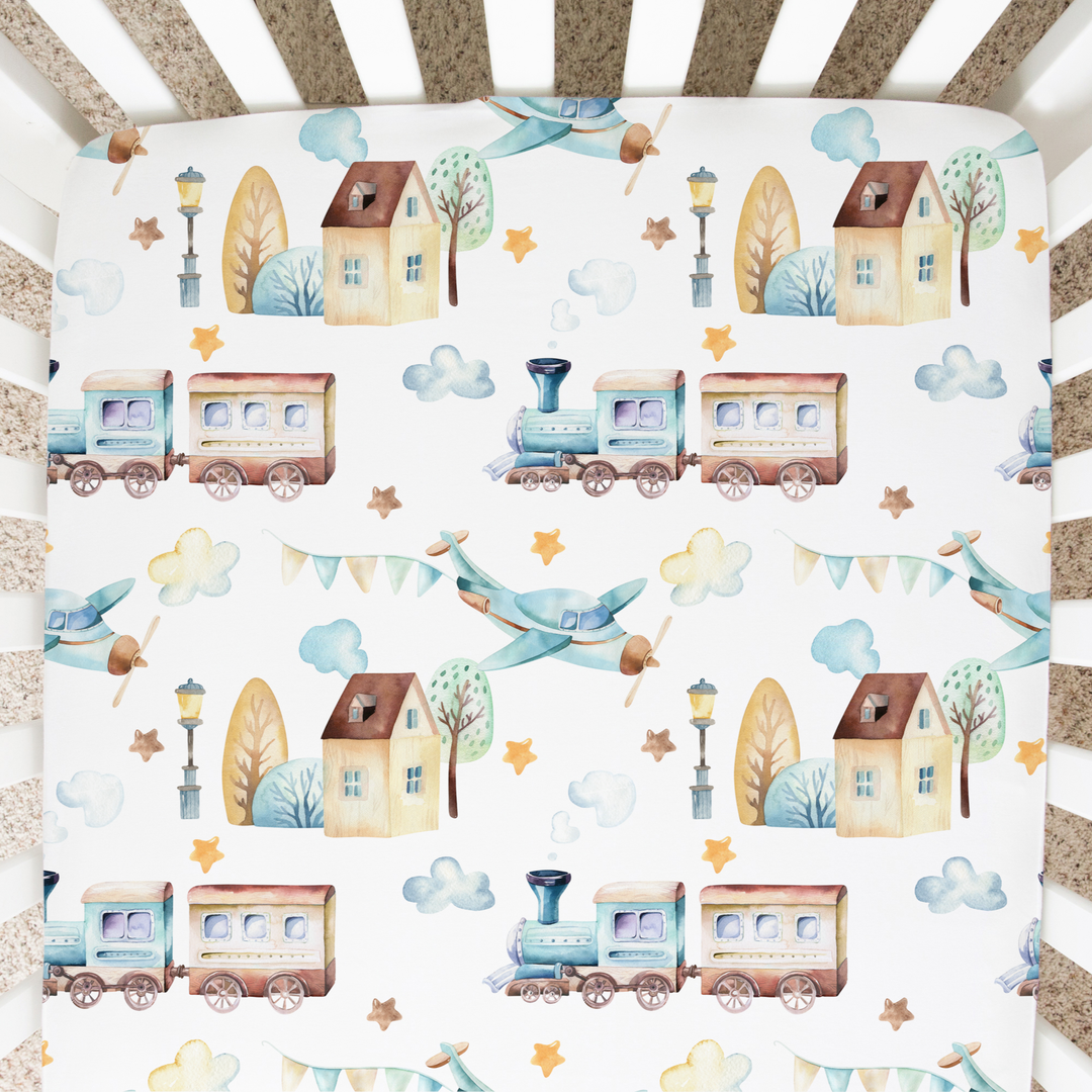 Fitted Crib Sheet - Airplane & Train - Premium  from Honey Lemonade - Just $28! Shop now at Pat's Monograms
