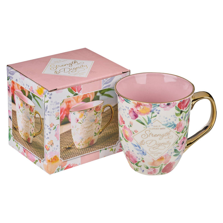 Mug Pink/White Floral Strength & Dignity Prov. 31:25 - Premium Christian Gift Items from Christian Art Gifts - Just $10.95! Shop now at Pat's Monograms