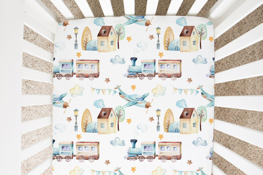 Fitted Crib Sheet - Airplane & Train - Premium Just for baby from Honey Lemonade - Just $29.95! Shop now at Pat's Monograms