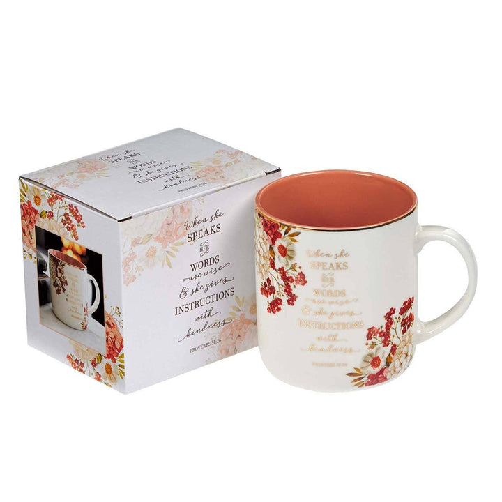 When She Speaks Ceramic Coffee Mug - Proverbs 31:26 - Premium gift item from Christian Art Gifts - Just $12.95! Shop now at Pat's Monograms