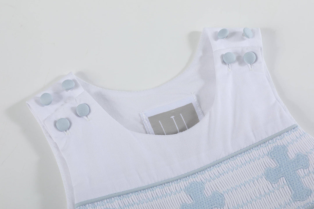 White and Blue Holy Crosses Smocked Overalls - Premium Baby & Toddler Outfits from Lil Cactus - Just $38.95! Shop now at Pat's Monograms