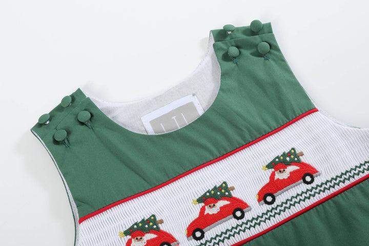 Green Santa Car Christmas Smocked Overalls - Premium Baby & Toddler Outfits from Lil Cactus - Just $36.95! Shop now at Pat's Monograms