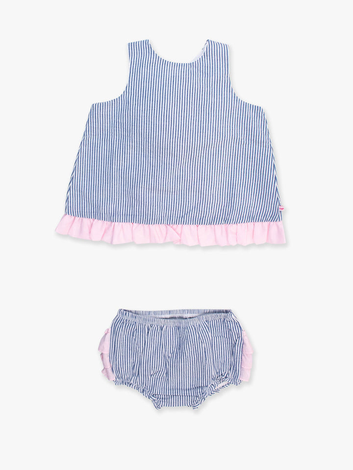 Baby Girls Blue Seersucker Ruffle Swing Top & Bloomer Set - Premium Baby & Toddler Outfits from RuffleButts + RuggedButts - Just $45.95! Shop now at Pat's Monograms