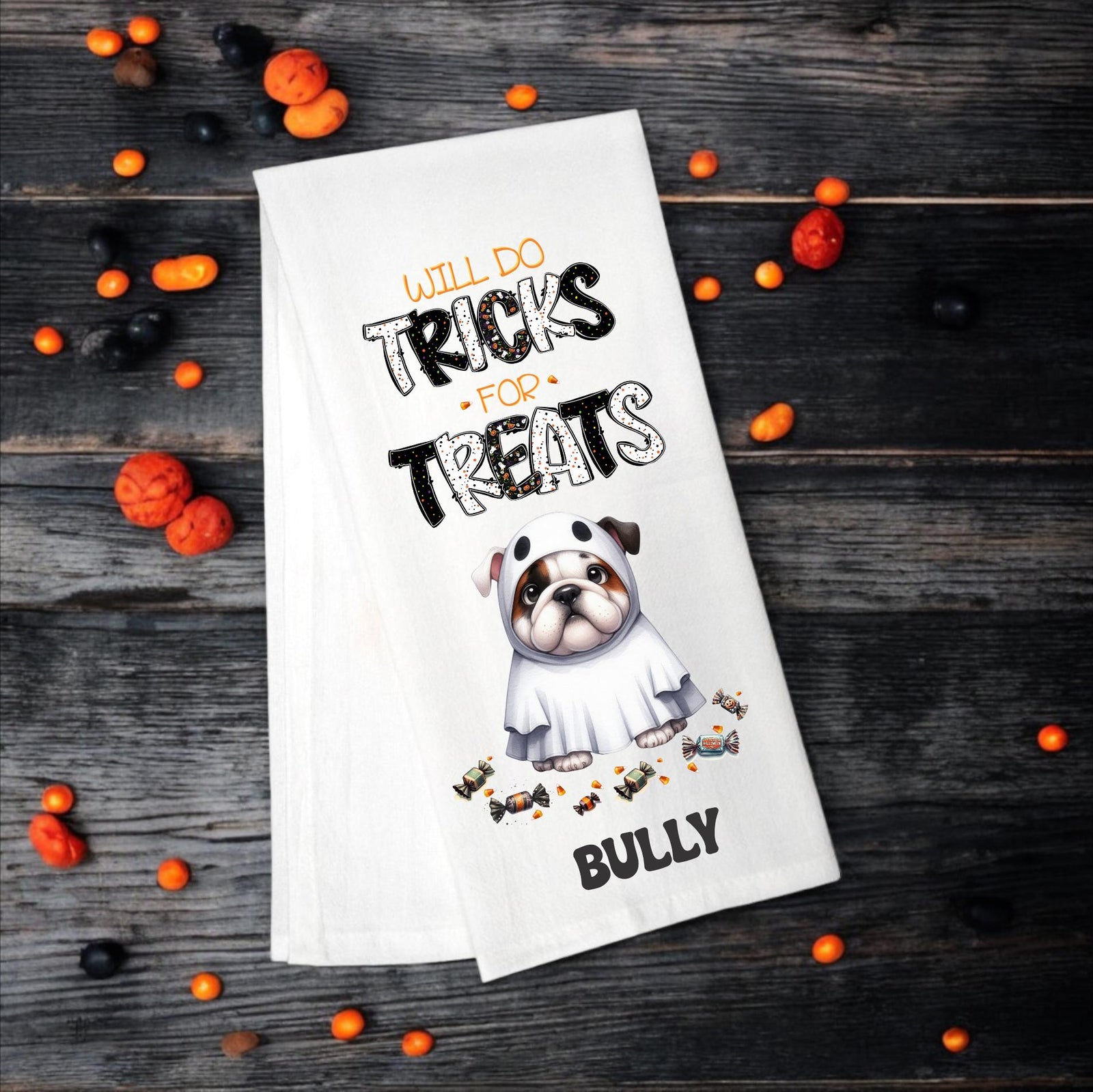 Bulldog - Will Do Tricks for Treats Tea Towel - Premium Kitchen Towel from Pat's Monograms - Just $14.95! Shop now at Pat's Monograms