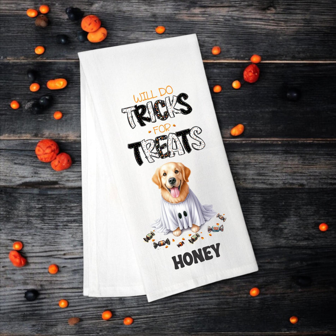 Golden Retriever Tea Towel – Will Do Tricks For Treats - Premium Kitchen Towel from Pat's Monograms - Just $14.95! Shop now at Pat's Monograms