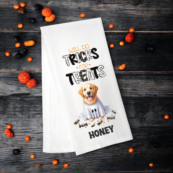 Golden Retriever Tea Towel – Will Do Tricks For Treats - Premium Kitchen Towel from Pat's Monograms - Just $14.95! Shop now at Pat's Monograms