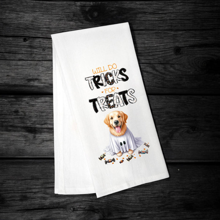Golden Retriever Tea Towel – Will Do Tricks For Treats - Premium Kitchen Towel from Pat's Monograms - Just $14.95! Shop now at Pat's Monograms