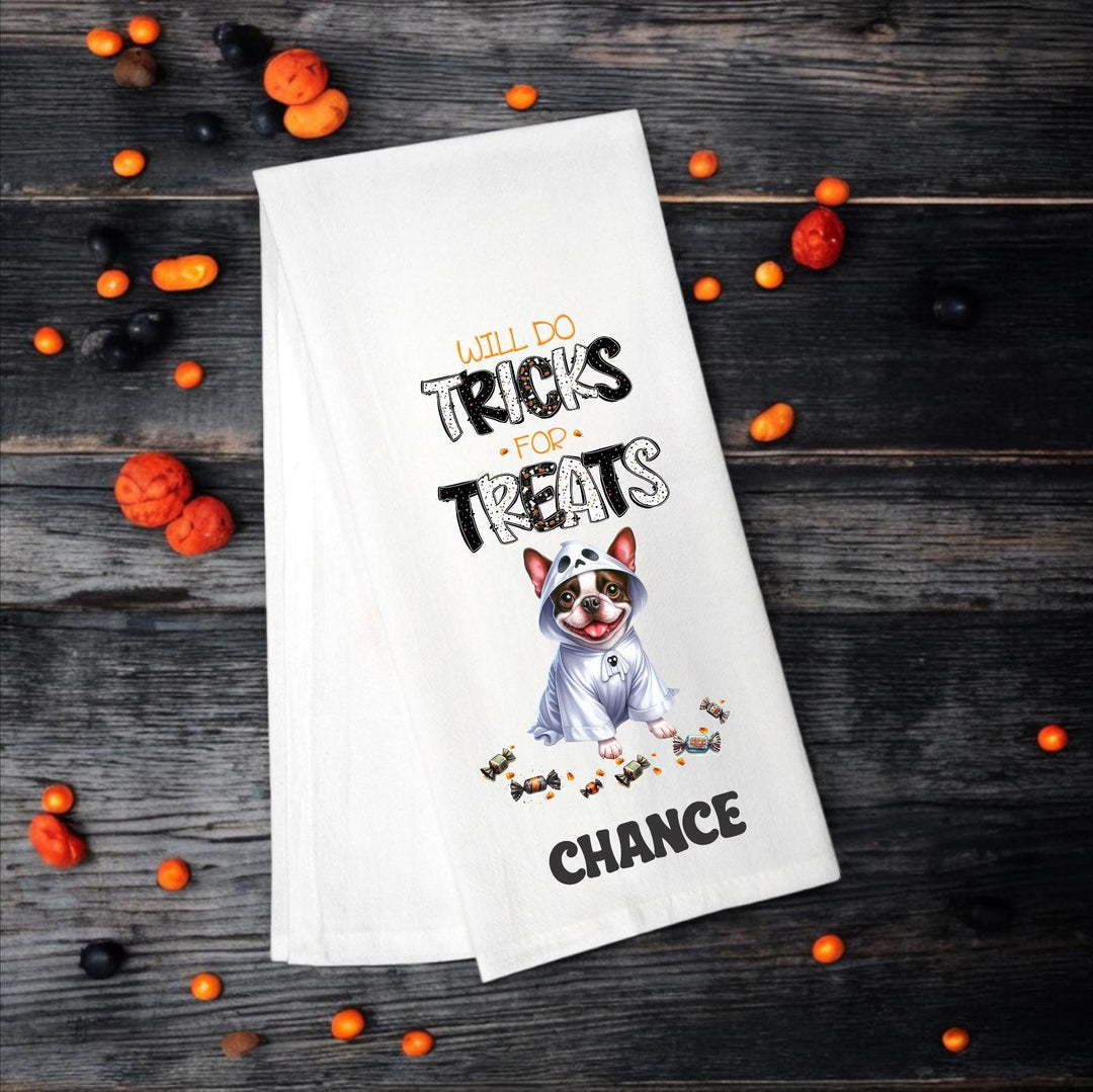 Boston Terrier, Will Do Tricks for Treats Tea Towel, Boston Terrier Mom, Kitchen Towel, Dish Towel, Flour Sack Towel, Dog Lover Gift - Premium  from Pat's Monograms - Just $15.22! Shop now at Pat's Monograms