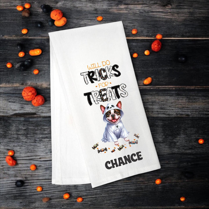 Boston Terrier, Will Do Tricks for Treats Tea Towel, Boston Terrier Mom, Kitchen Towel, Dish Towel, Flour Sack Towel, Dog Lover Gift - Premium  from Pat's Monograms - Just $15.22! Shop now at Pat's Monograms