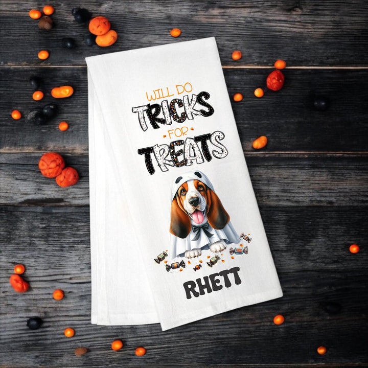 Basset Hound, Will Do Tricks for Treats Tea Towel, Basset Mom, Kitchen Towel, Dish Towel, Flour Sack Towel, Dog Lover Gift - Premium  from Pat's Monograms - Just $15.22! Shop now at Pat's Monograms