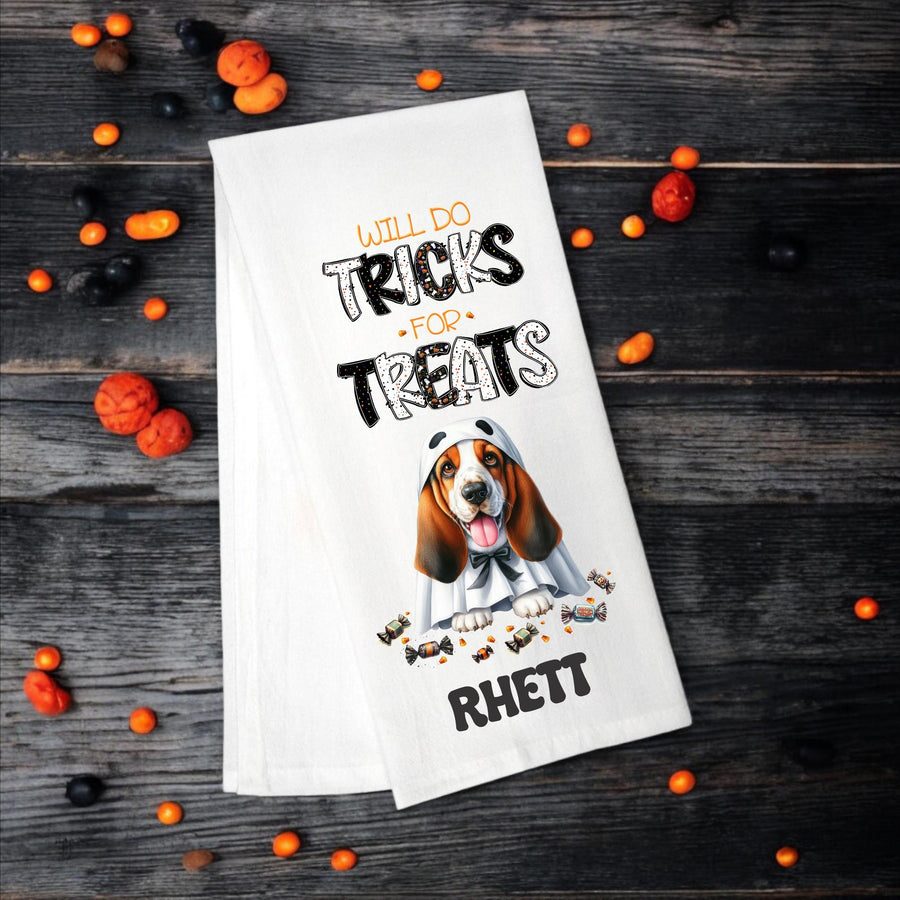 Basset Hound, Will Do Tricks for Treats Tea Towel, Basset Mom, Kitchen Towel, Dish Towel, Flour Sack Towel, Dog Lover Gift - Premium  from Pat's Monograms - Just $15.22! Shop now at Pat's Monograms