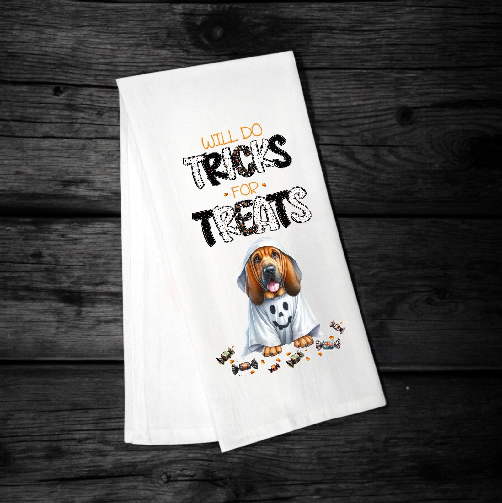 Bloodhound - Will Do Tricks for Treats Tea Towel - Premium Kitchen Towel from Pat's Monograms - Just $14.95! Shop now at Pat's Monograms