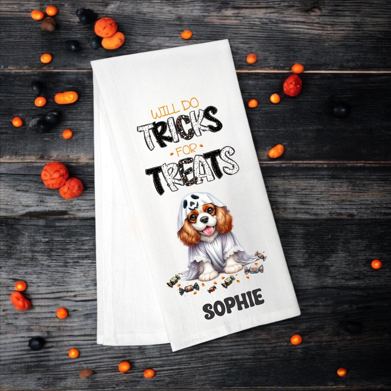 Cavalier King Charles - Will Do Tricks for Treats Tea Towel - Premium Kitchen Towel from Pat's Monograms - Just $14.95! Shop now at Pat's Monograms