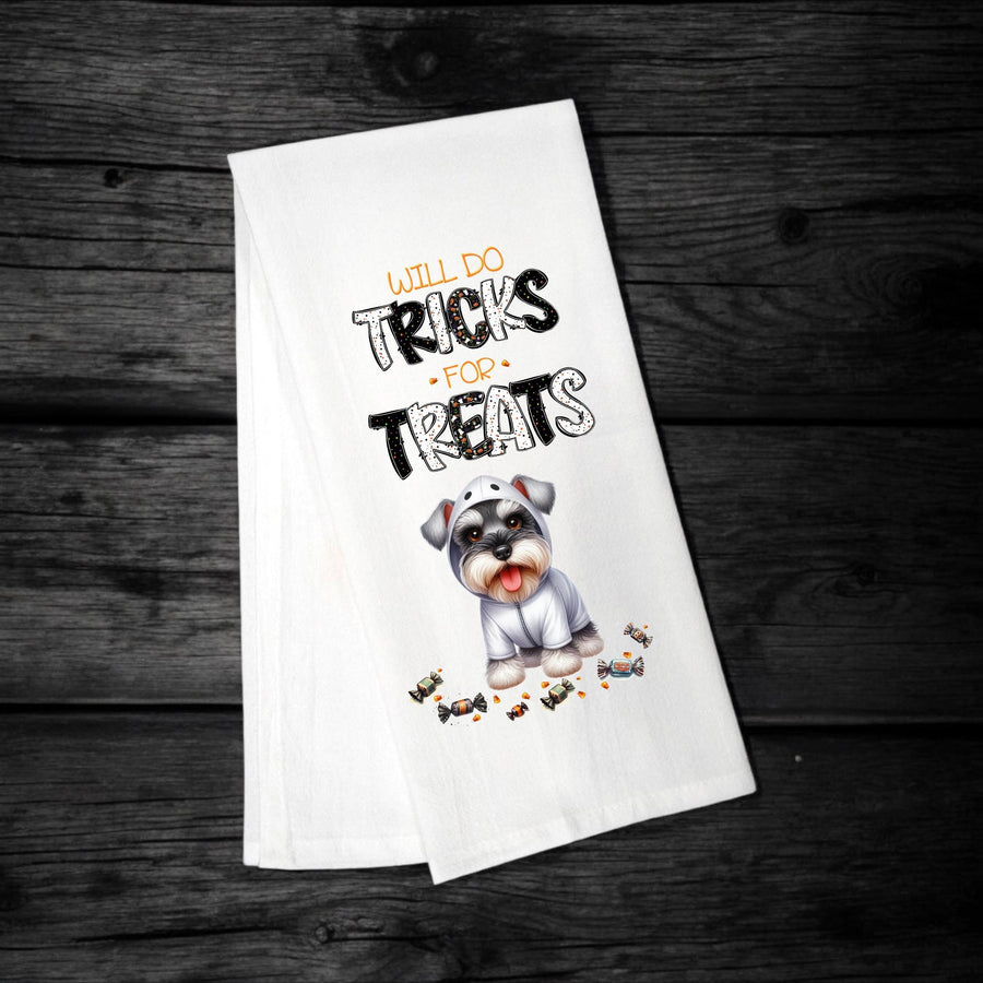 Miniature Schnauzer - Will Do Tricks for Treats Tea Towel - Premium Kitchen Towel from Pat's Monograms - Just $14.95! Shop now at Pat's Monograms