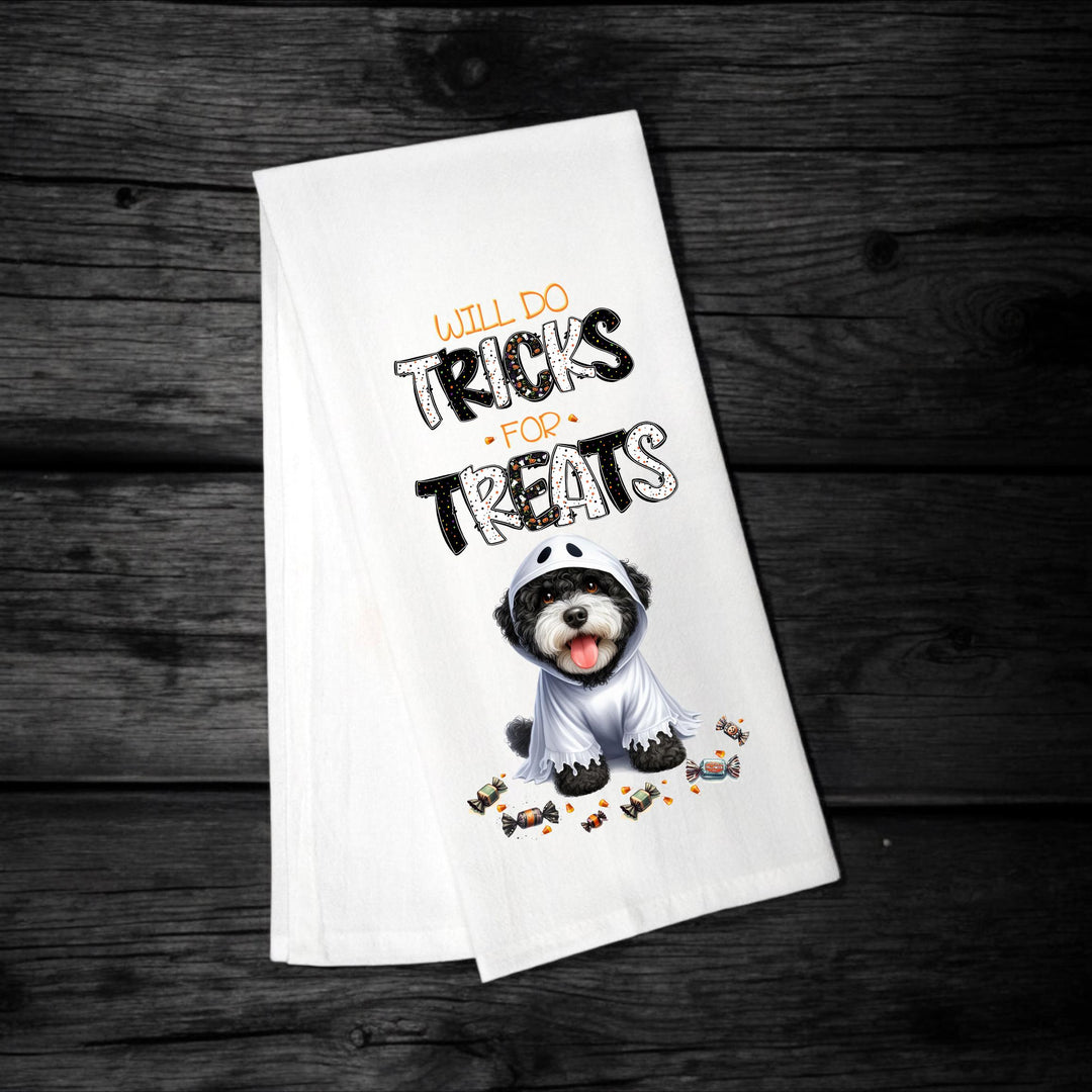 Portuguese Water Dog - Will Do Tricks for Treats Tea Towel - Premium Kitchen Towel from Pat's Monograms - Just $14.95! Shop now at Pat's Monograms