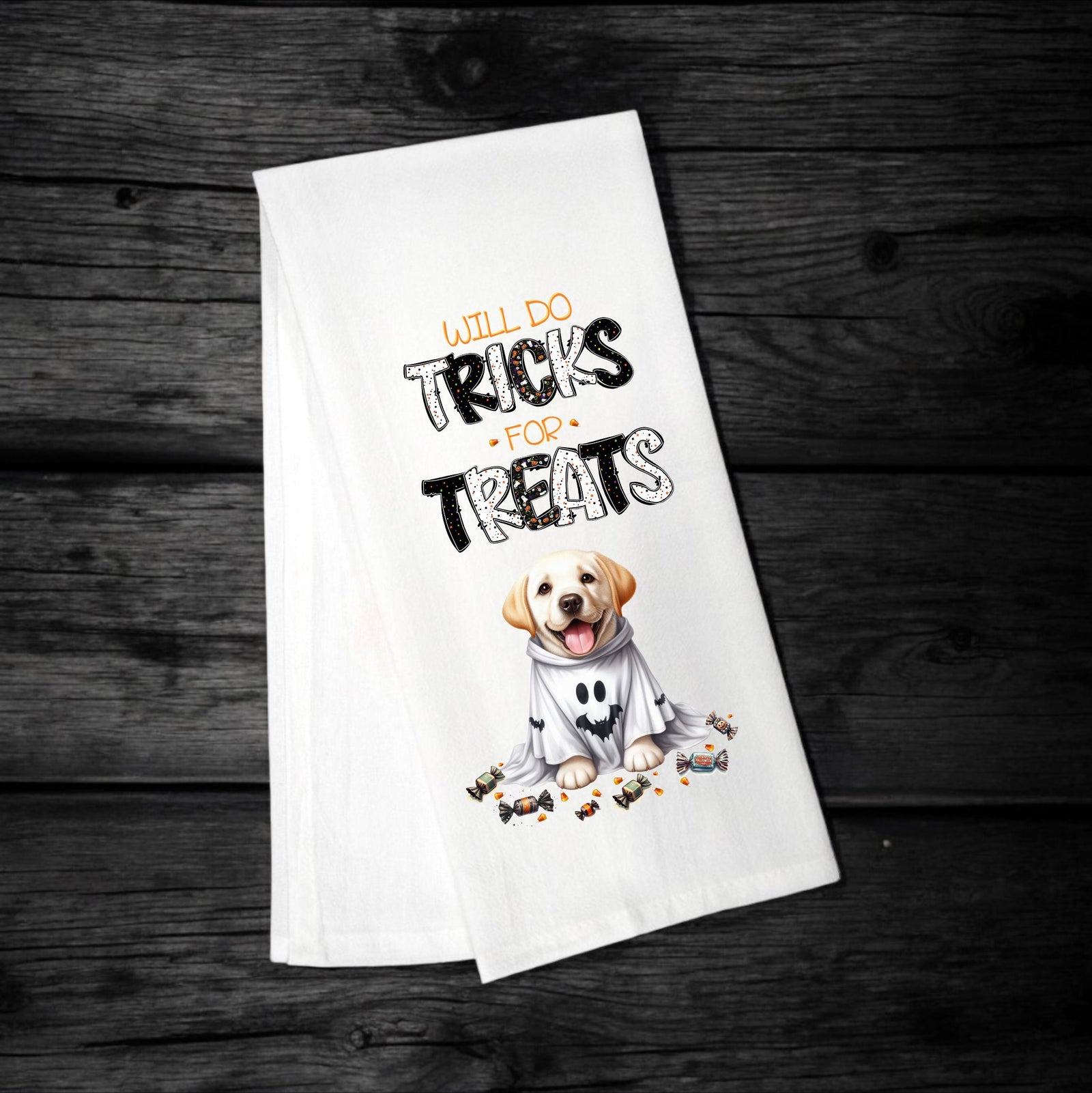 Labrador - Will Do Tricks for Treats Tea Towel - Premium Kitchen Towel from Pat's Monograms - Just $14.95! Shop now at Pat's Monograms