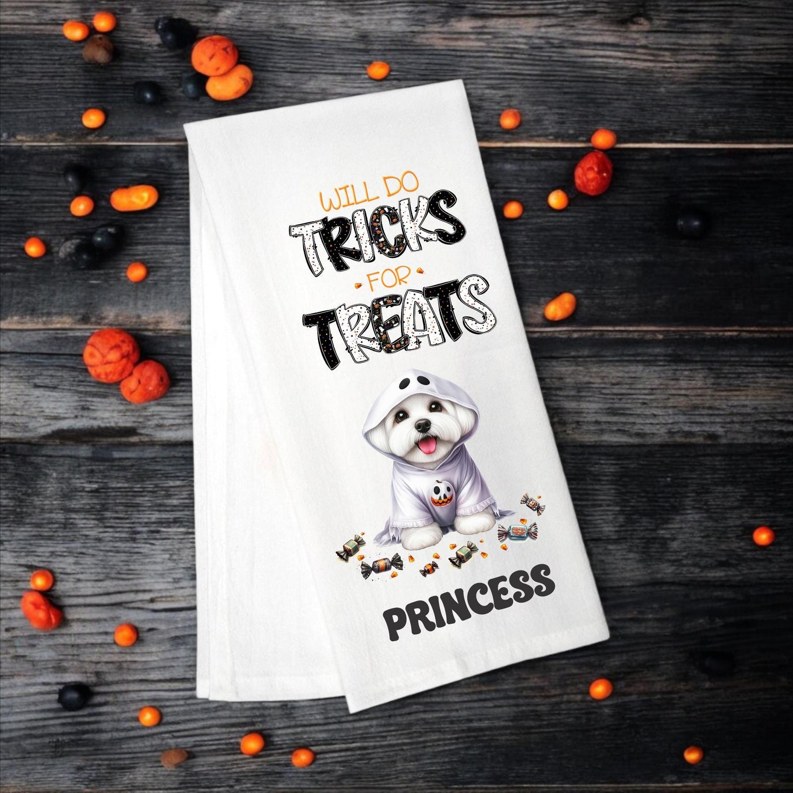 Maltese - Will Do Tricks for Treats Tea Towel - Premium Kitchen Towel from Pat's Monograms - Just $14.95! Shop now at Pat's Monograms