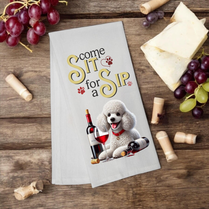 Poodle "Come Sit for a Sip" tea towel - Premium Kitchen Towel from Pat's Monograms - Just $14.95! Shop now at Pat's Monograms