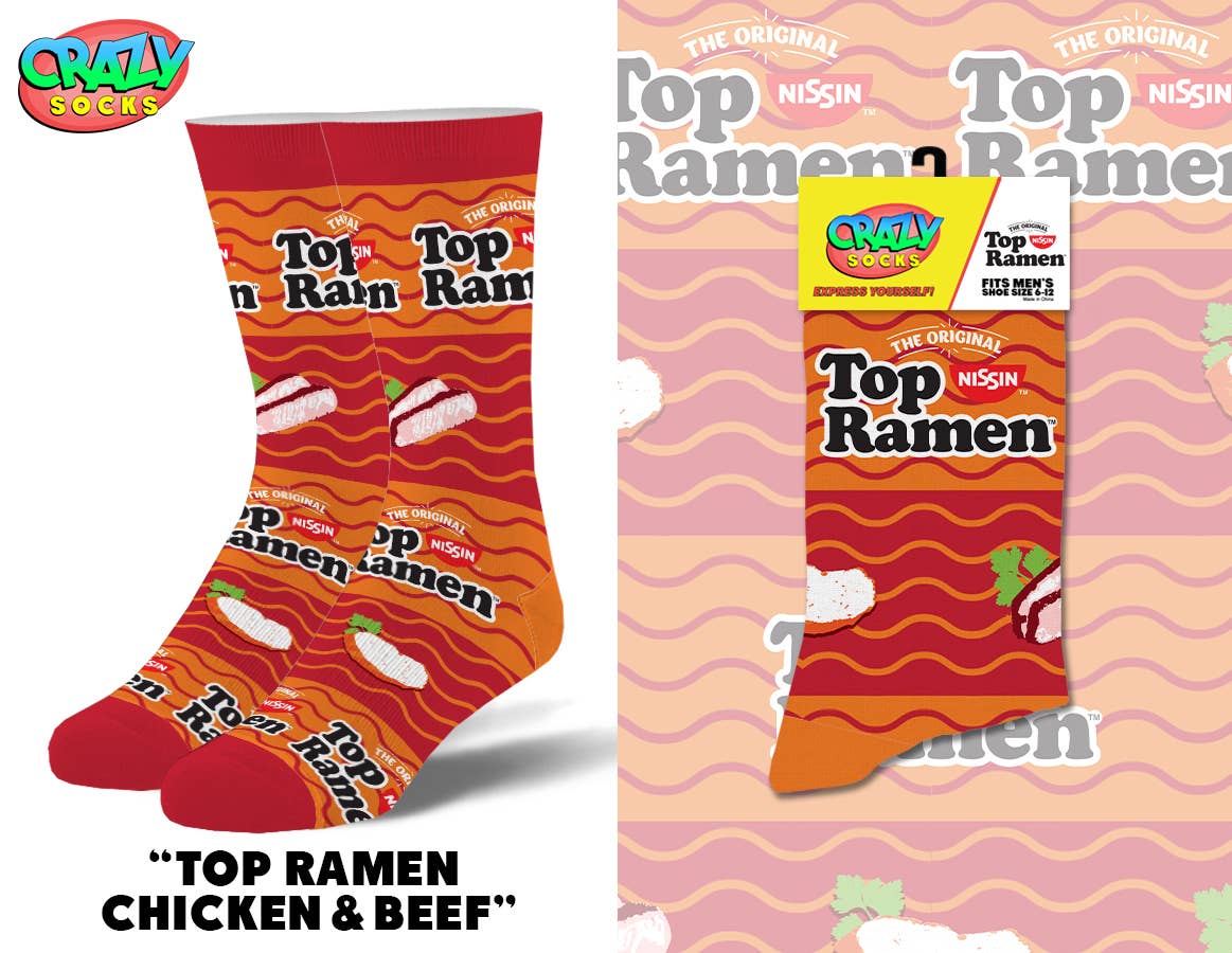 Top Ramen Chicken & Beef - Mens Crew Folded - Premium Socks from Crazy Socks - Just $8! Shop now at Pat's Monograms