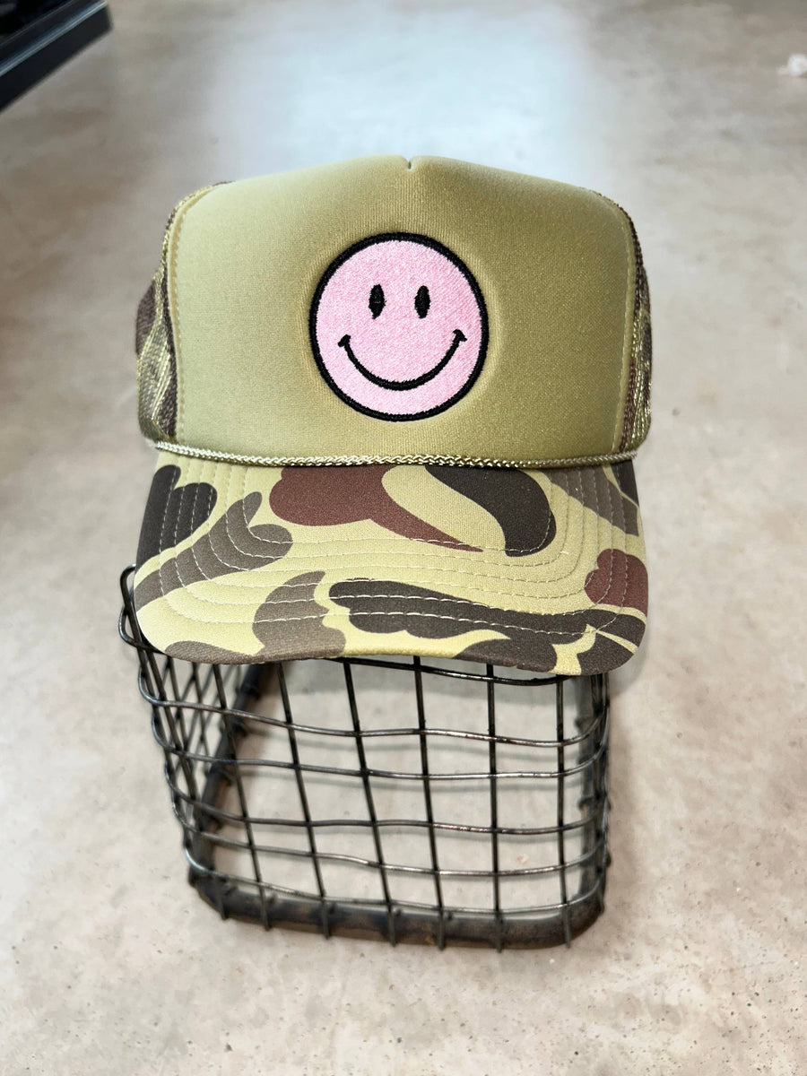 Pink Smiley Camo Foam Trucker - Premium  from Vibes Hat Company - Just $22.95! Shop now at Pat's Monograms