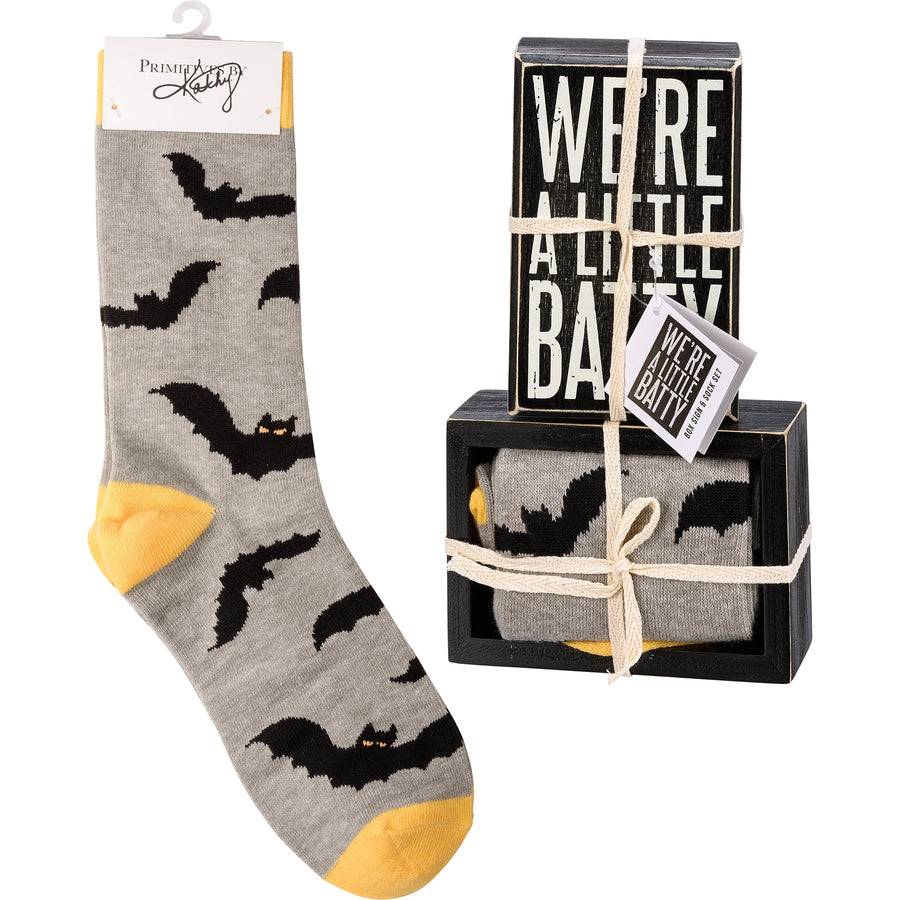 Box Sign & Sock Set - We're A Little Batty - Premium Socks from Primitives by Kathy - Just $12.95! Shop now at Pat's Monograms