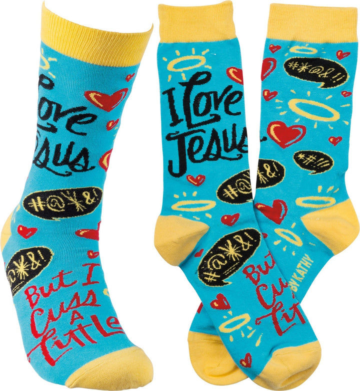 I Love Jesus But I Cuss A Little - Premium Socks from Primitives by Kathy - Just $10.95! Shop now at Pat's Monograms