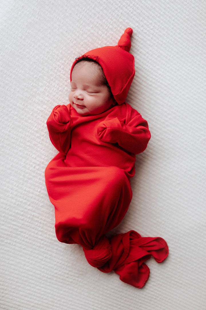 Red Ribbed Knotted Baby Gown and Knot Cap - Premium Just for baby from Three Little Tots - Just $25.95! Shop now at Pat's Monograms